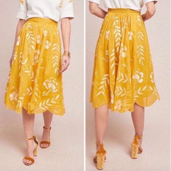 Anthropologie Maeve Vineland Embroidered Midi Skirt Yellow Scalloped Size S - Picture 2 of 15
